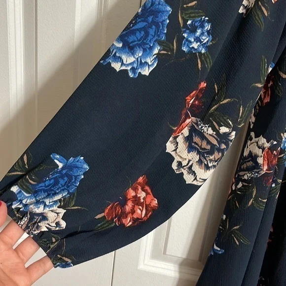 Rokoko by Dazz Navy Floral Smocked Off Shoulder Long Sleeve Mini Dress M - Picture 2 of 6